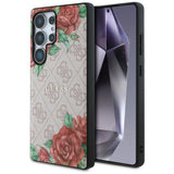 Guess Leather 4G Flowers Print Metal Classic Logo MagSafe Case for Samsung Galaxy S25 Ultra - Pink