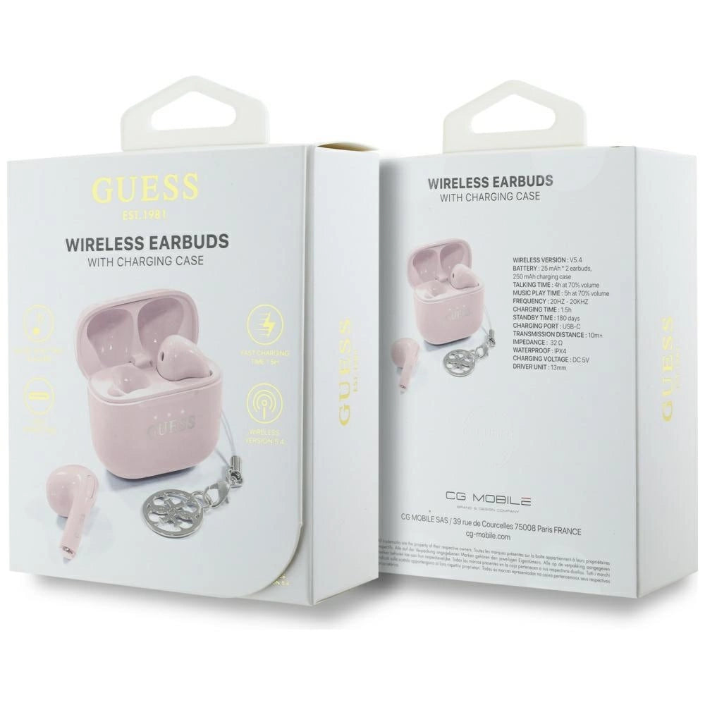 TWS Guess Glossy Effect Printed Classic Logo & Charm Headphones - Pink