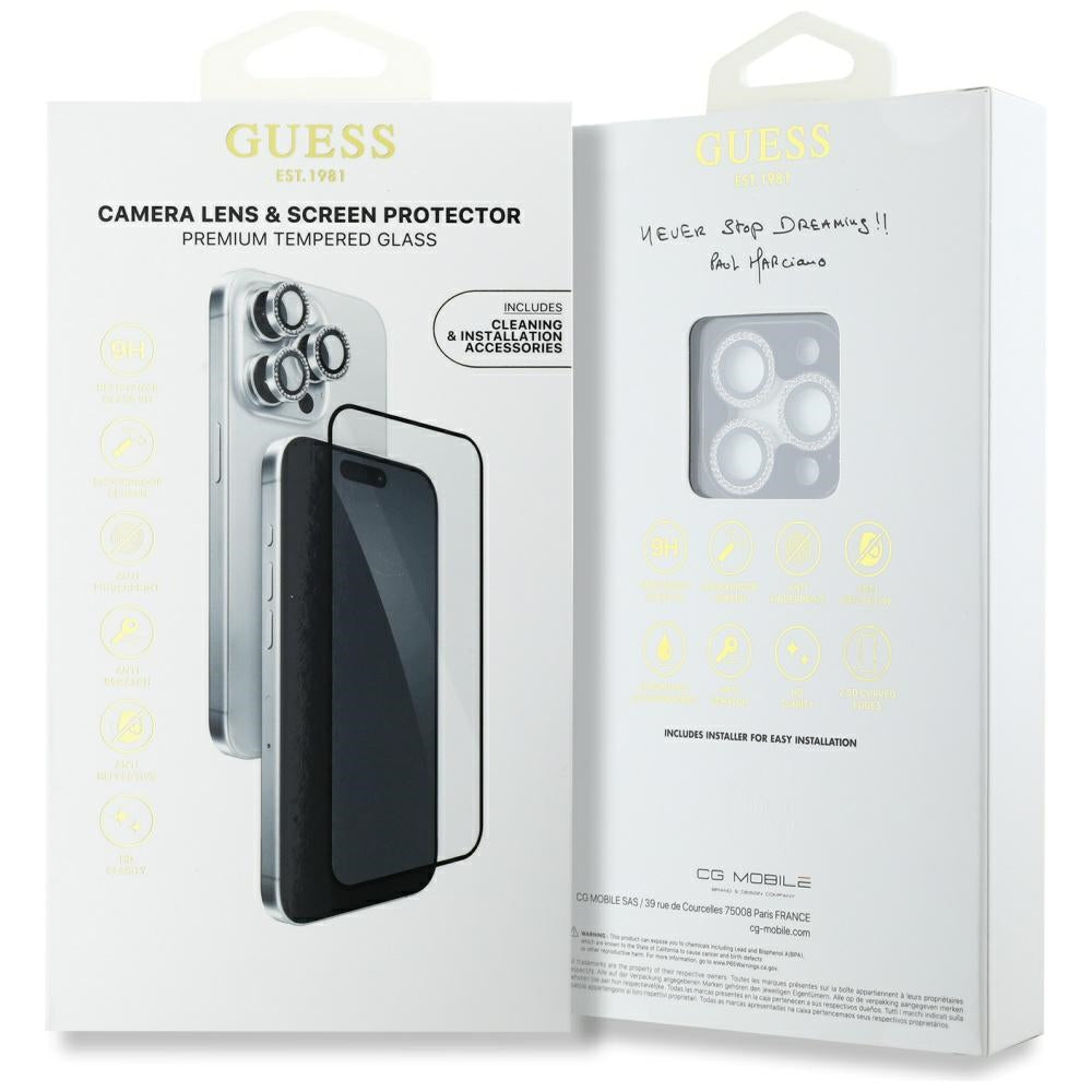 Guess BP Rhinestone 2in1 Screen Protector and Camera Lens Set for iPhone 16 Pro Max - Silver