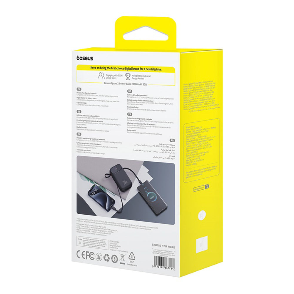 Baseus QPow 2 20000mAh 30W Power Bank med 2 indbyggede USB-C-kabler - sort