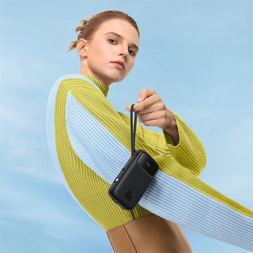 Baseus QPow 2 20000mAh 30W Power Bank med 2 indbyggede USB-C-kabler - sort