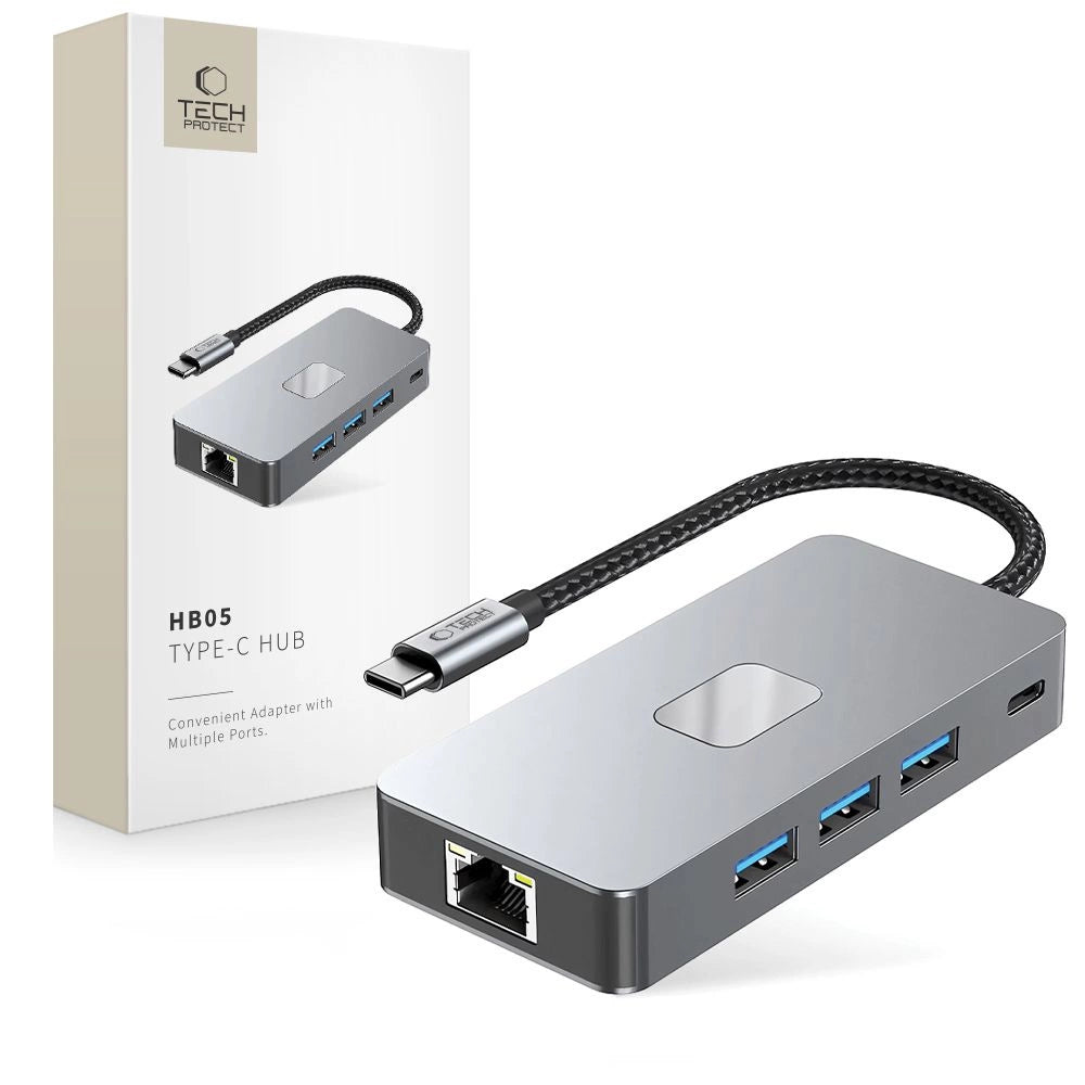 Tech-Protect HB05 HUB 9in1 USB-C + USB2.0 + USB3.0 + HDMI 4K 60HZ + SD / TF + PD100W + RJ45 adapter - grå