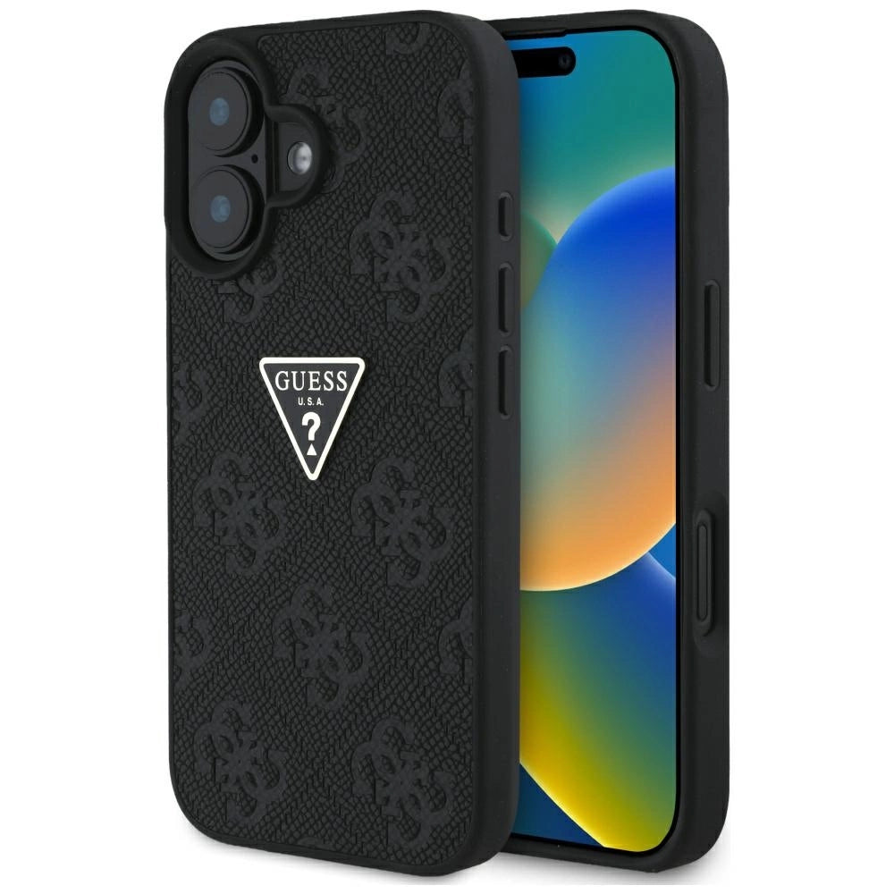 Guess Hot Stamp 4G Pattern Triangle Metal Logo Case til iPhone 16 - sort