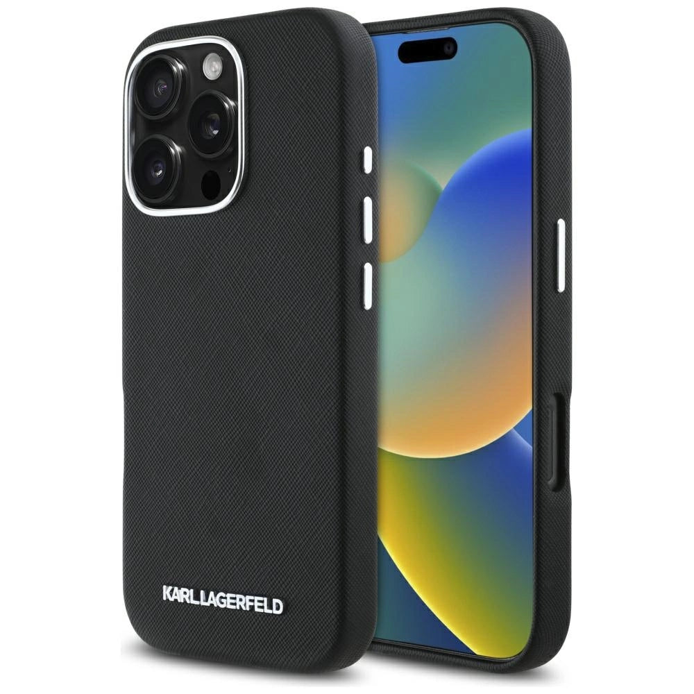 Karl Lagerfeld Saffiano Full Wrapped Elongated Metal Logo MagSafe Case til iPhone 16 Pro Max - sort