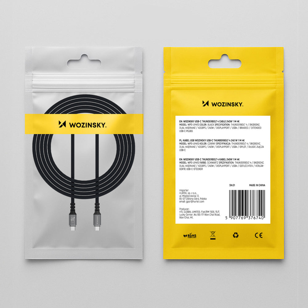 Wozinsky WPS-UY415S USB-C Thunderbolt 4 Kabel 240W 1,5m 4K - sort