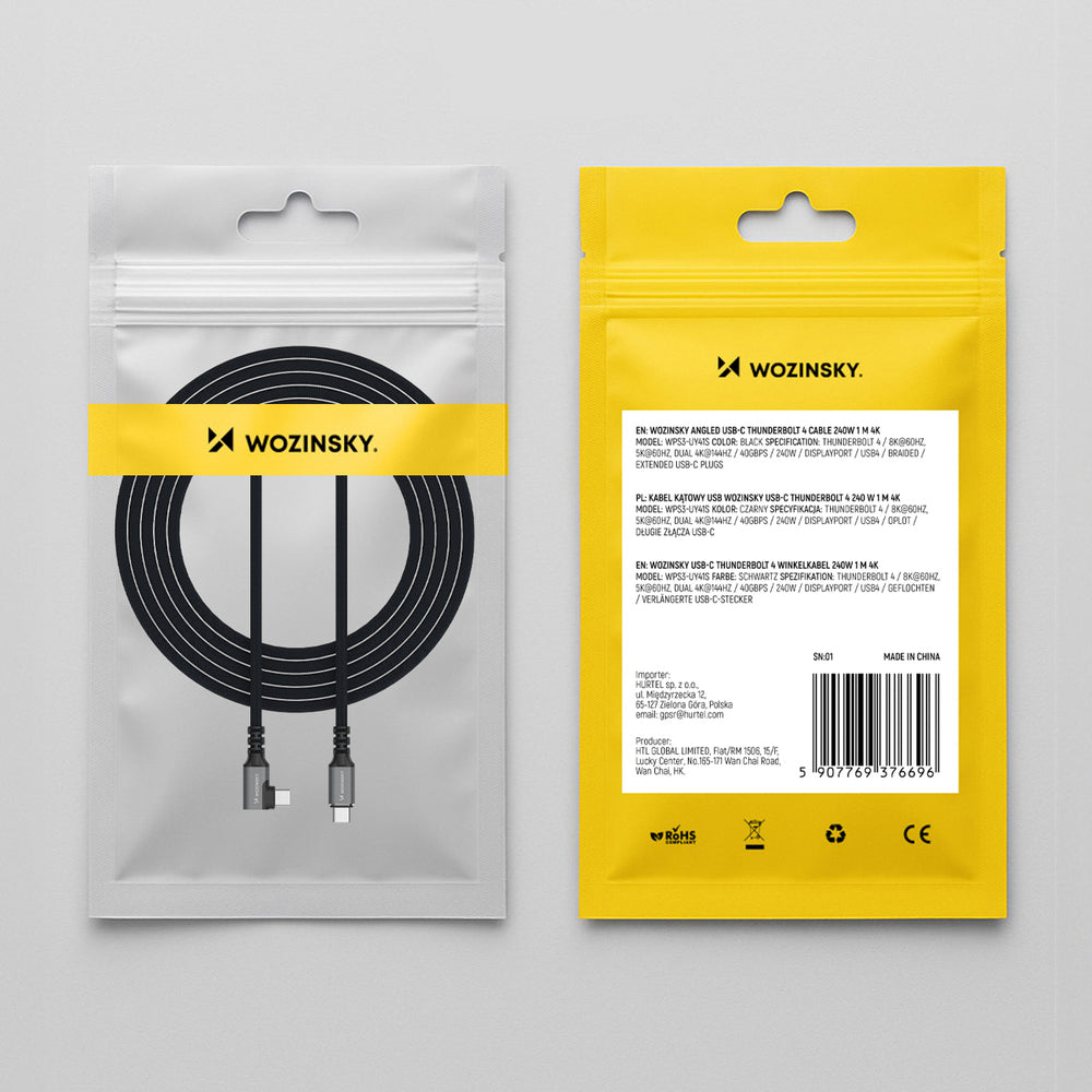 Wozinsky WPS2-UY41S USB-C Thunderbolt 4 240W vinklet kabel 2m - sort
