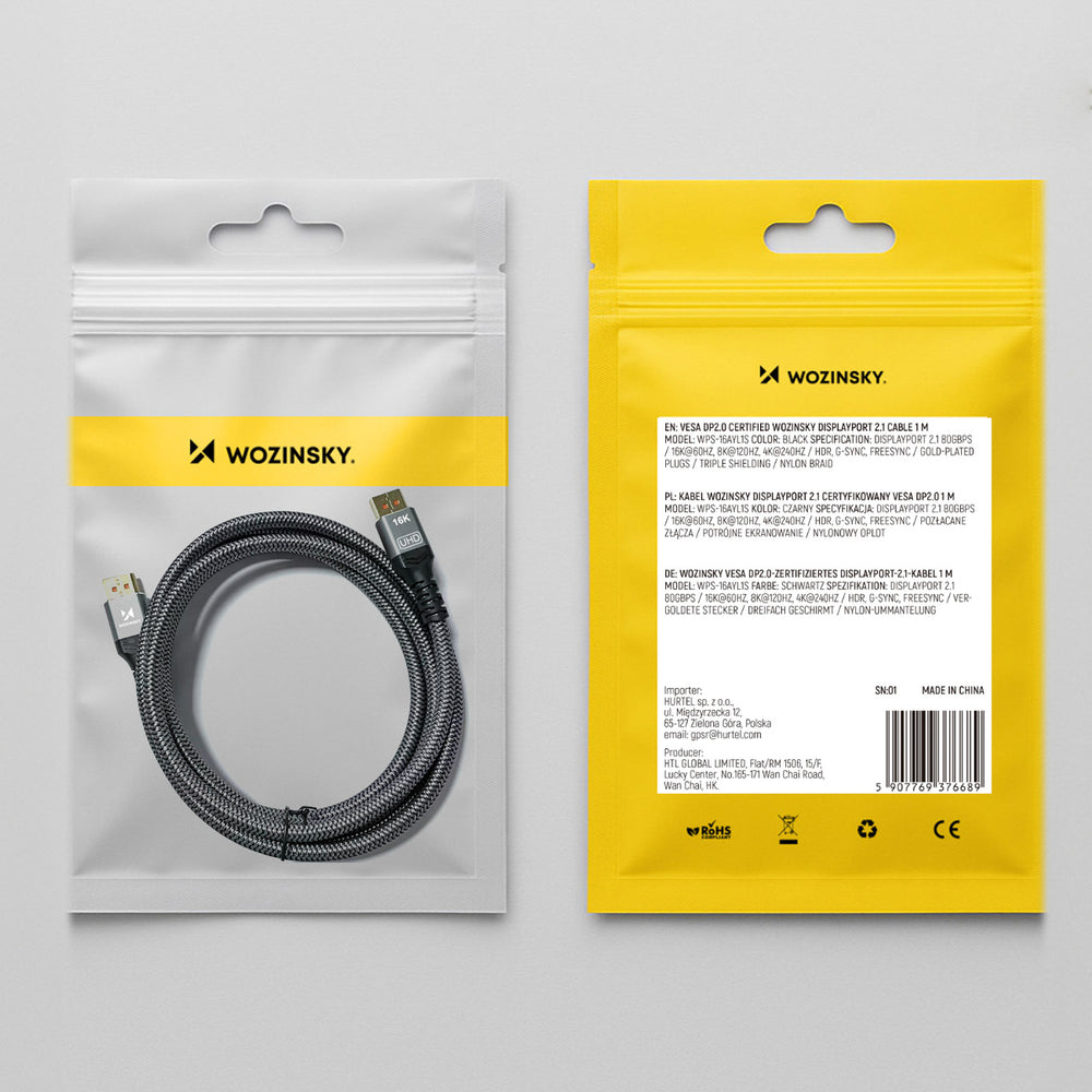 Wozinsky WPS-16AYL3S DisplayPort 2.1 Kabel VESA Certificeret 80 Gb/s 16K@60Hz 8K@120Hz 4K@240Hz HDR HDCP DSC 3m - Sort