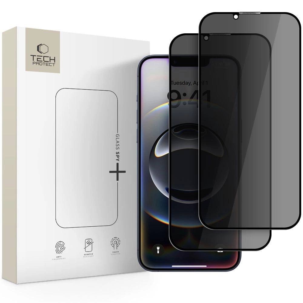 Tech-Protect Anti Spy Glass Pro+ 2-pakke til iPhone 16e / 14 / 13 Pro / 13 - sort