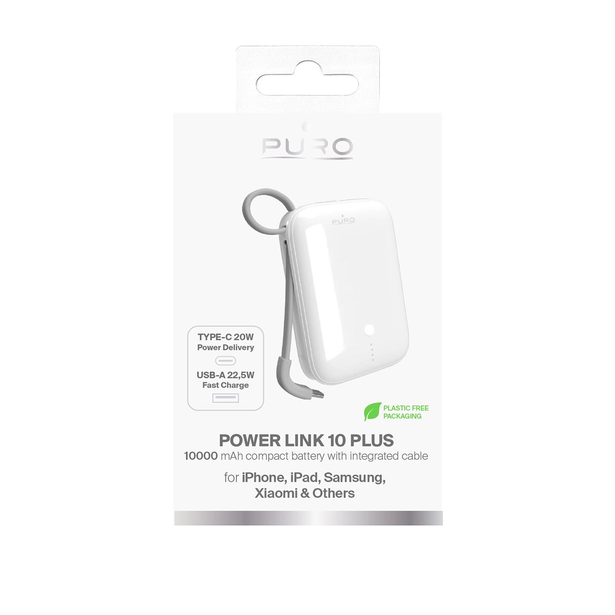 Puro Power Link 10 Plus 10000mAh Power Bank med indbygget USB-C-kabel   Hvid