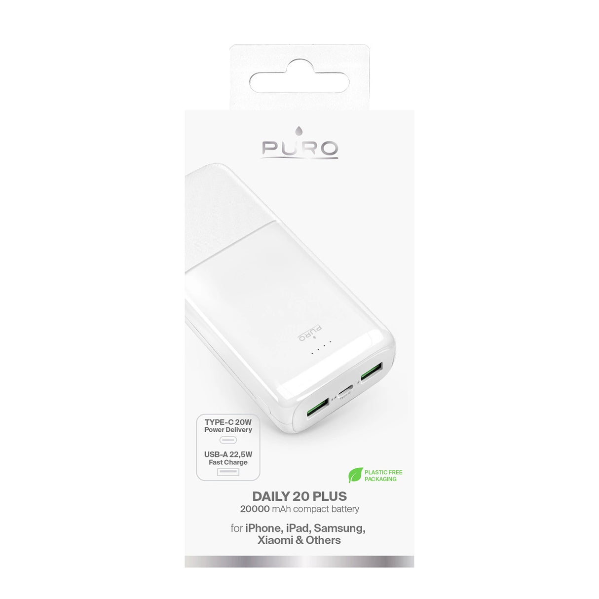 Powerbank Puro DAILY 20 PLUS 20000mAh 2x USB-A / 1x USB-C 22,5W PD AFC - hvid