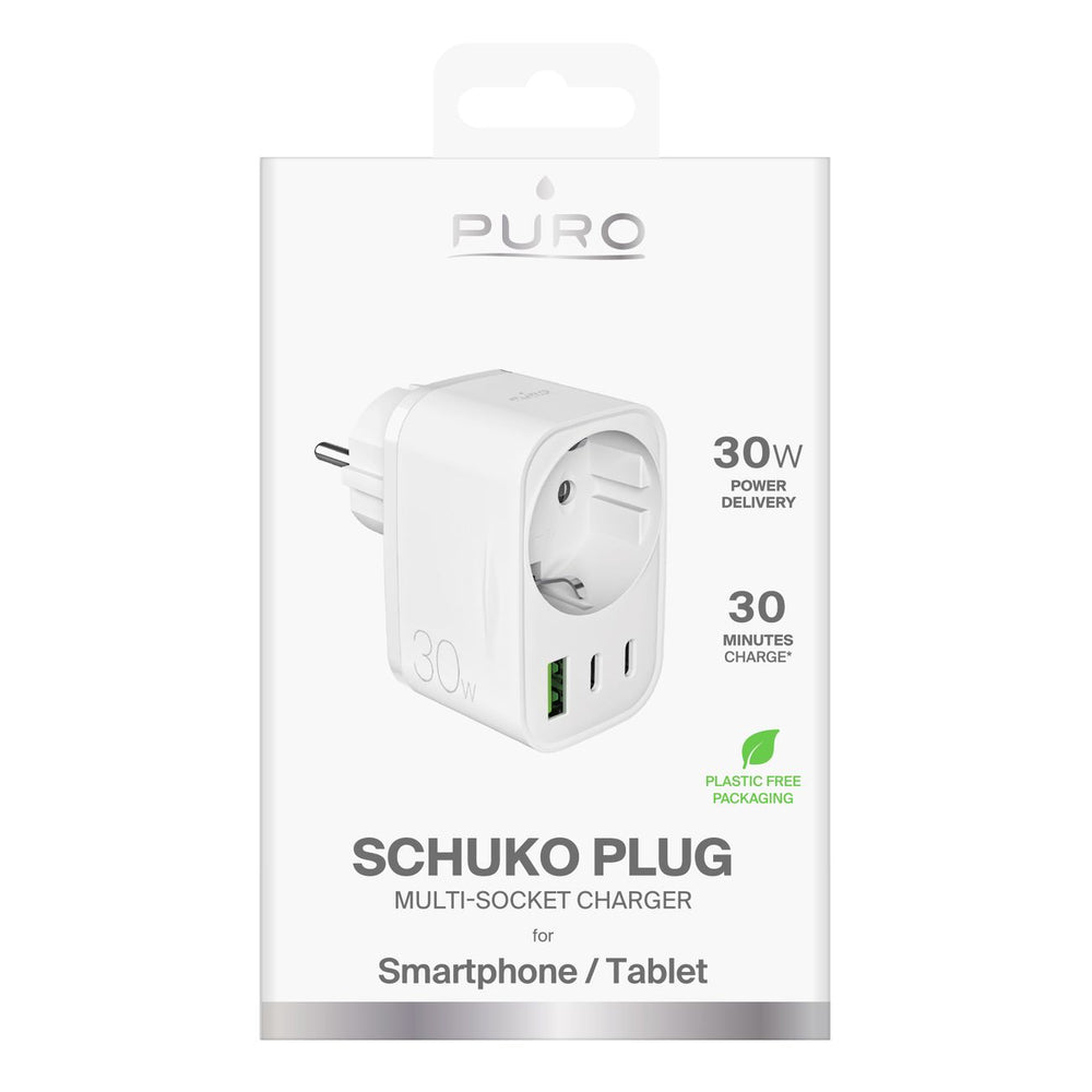 Puro 30W Power Delivery Charger med Schuko Plug og Socket 2x USB-C + 1x USB-A - Hvid