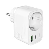 Puro 30W Power Delivery Charger med Schuko Plug og Socket 2x USB-C + 1x USB-A - Hvid