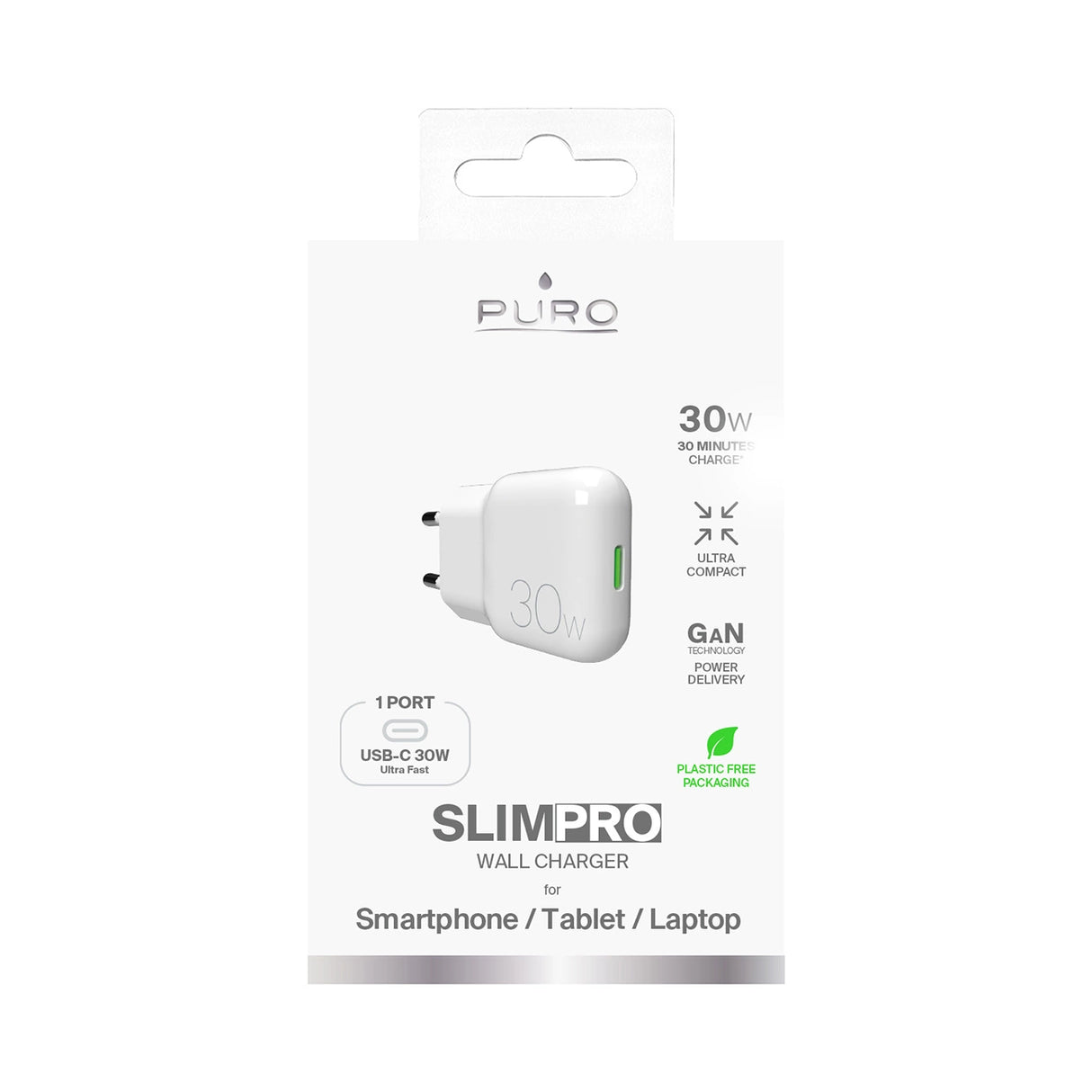 GaN Puro SLIMPRO 30W USB-C vægoplader - hvid