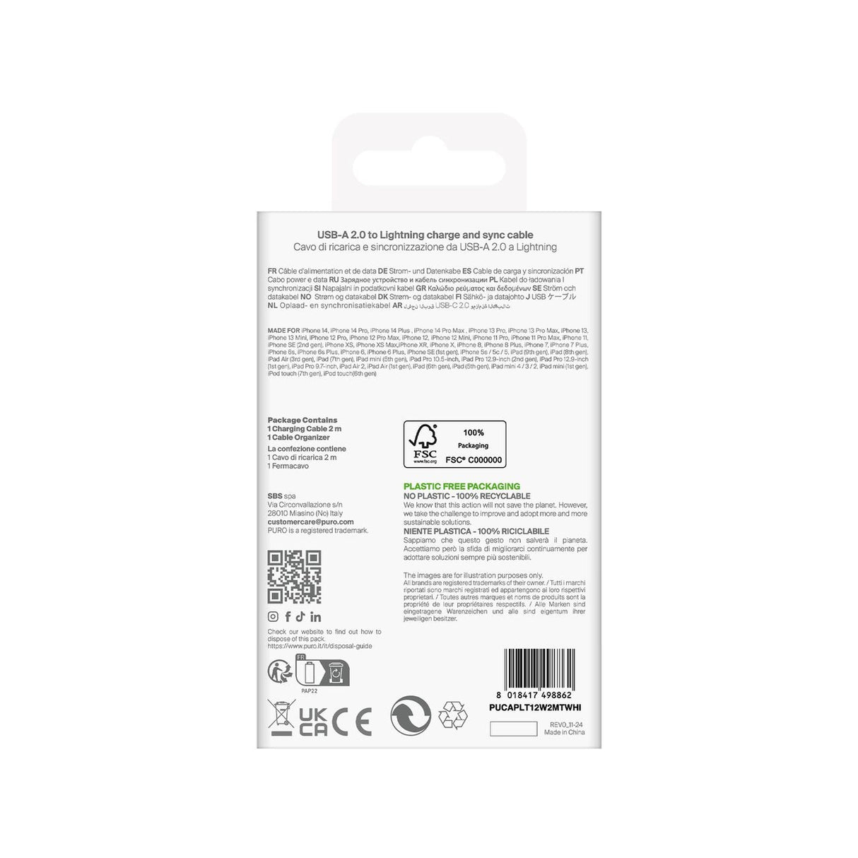 Puro TPE 12W USB-A - Lightning Cable 2m - hvid