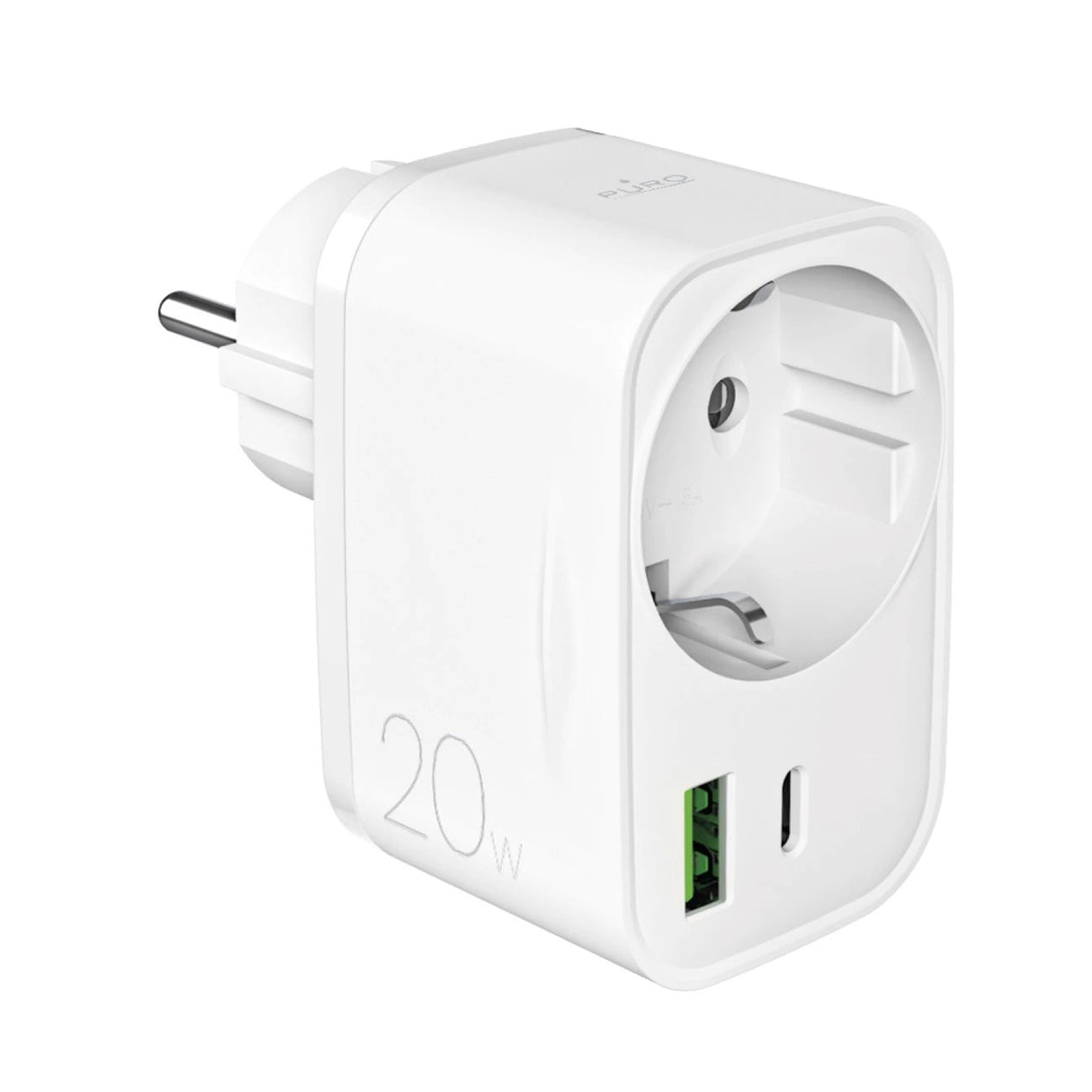 Puro 20W Power Delivery Charger med Schuko Plug og Socket 1x USB-C + 1x USB-A - Hvid
