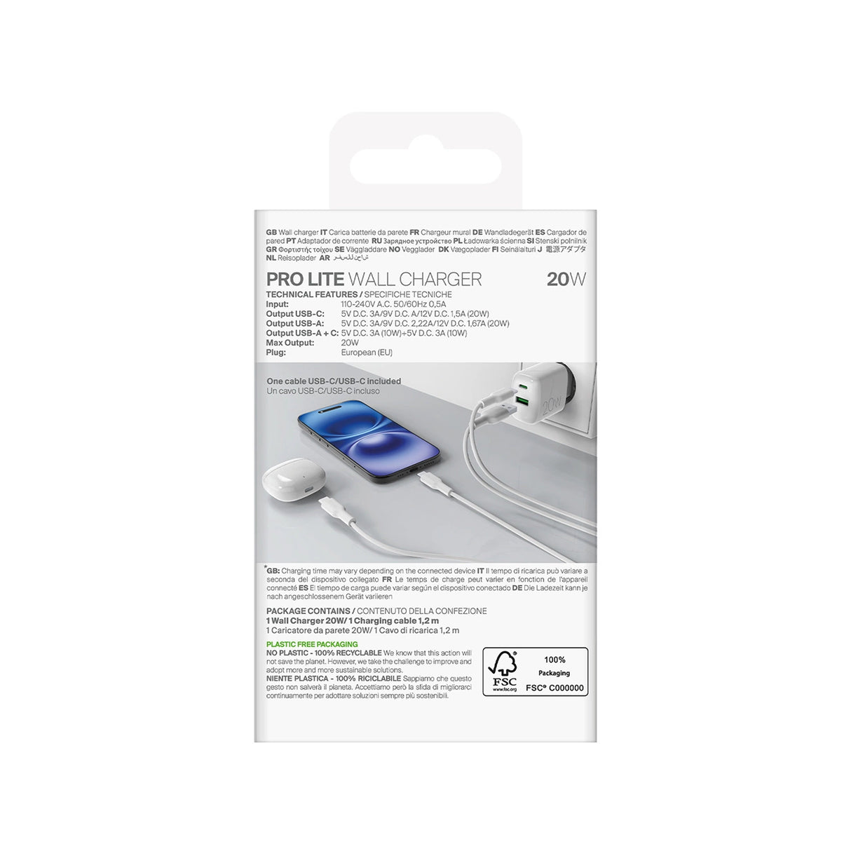 Puro PROLITE 20W USB-A / USB-C vægoplader + USB-C - USB-C kabel 1,2 m - hvid