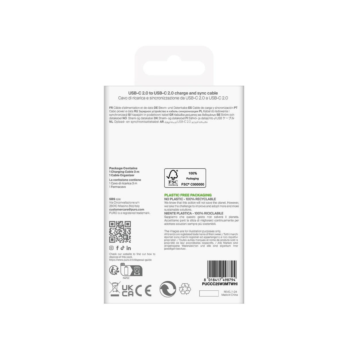 Puro TPE 25W USB-C - USB-C 3m-kabel - hvid