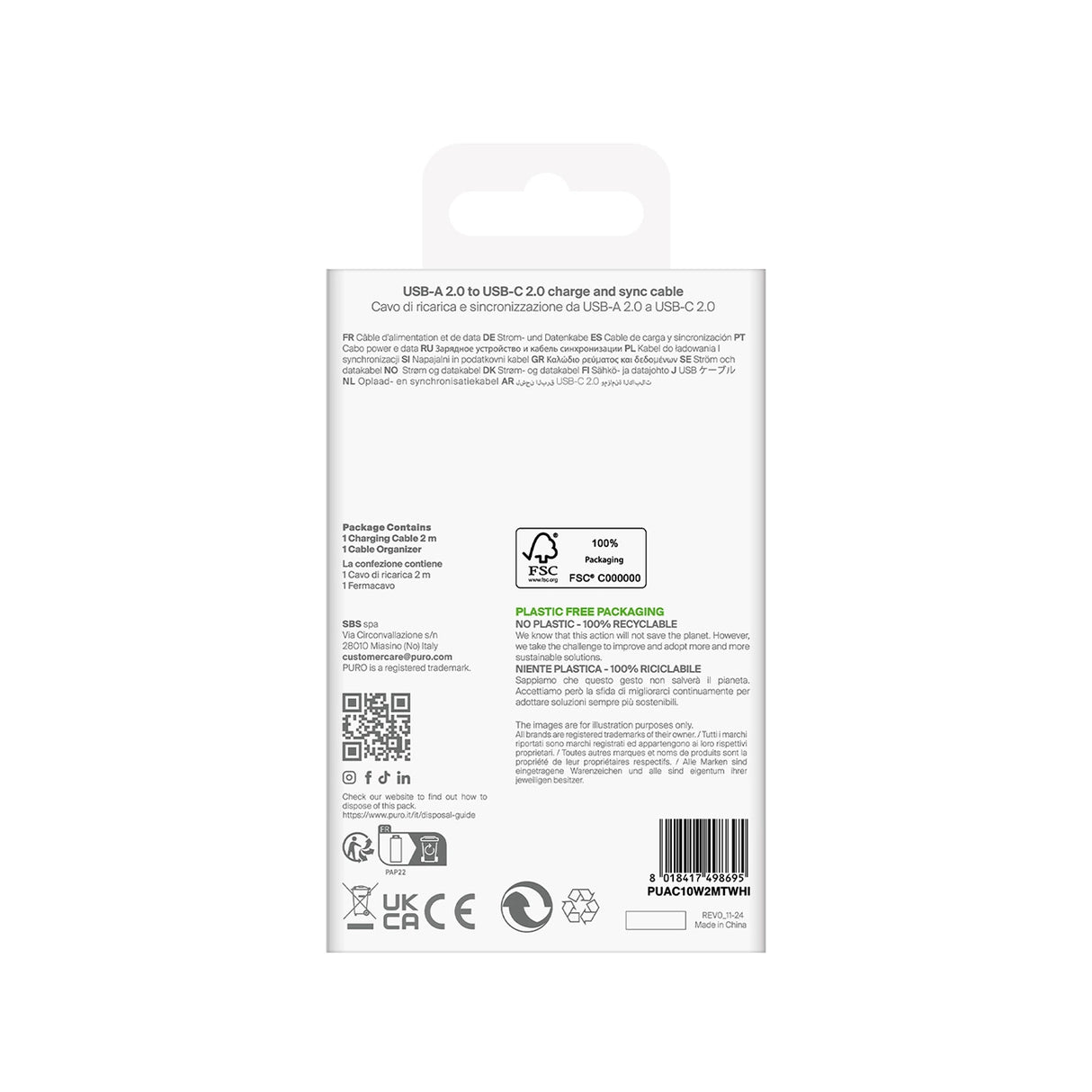 Puro 10W TPE USB-A-USB-C-kabel 2m - hvid