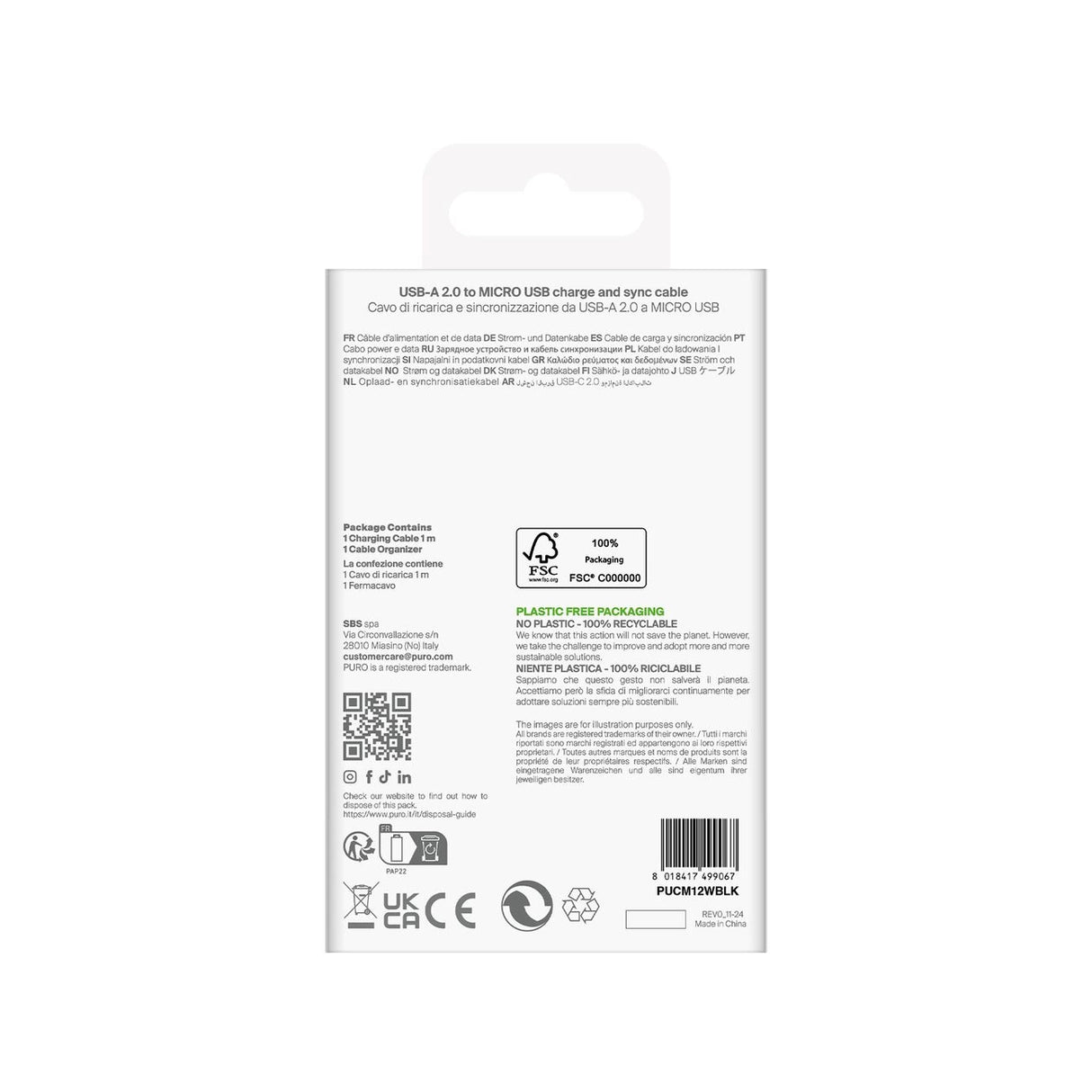 Puro TPE 12W USB-A - microUSB 1m Kabel - sort