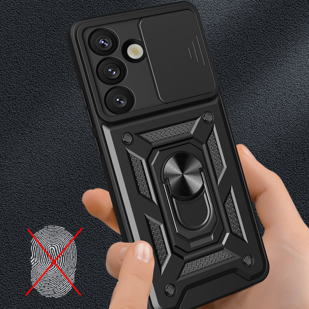 Hybrid Armor Camshield med Stand og Camera Cover til Samsung Galaxy S25 Edge - sort