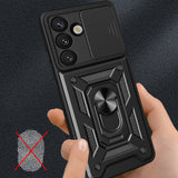 Hybrid Armor Camshield med Stand og Camera Cover til Samsung Galaxy S25 Edge - sort