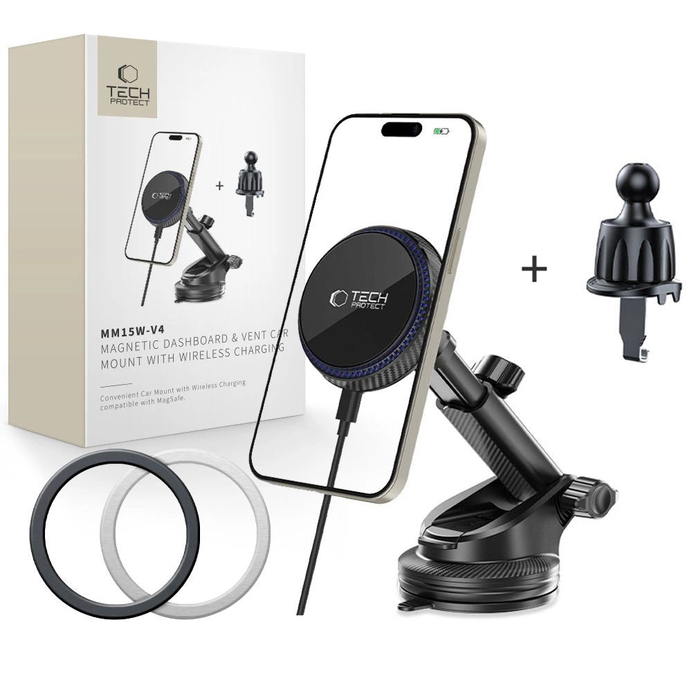 Tech-Protect MM15W-V4 Magnetisk MagSafe 15W Bilholder til cockpit / forrude / luftventil - sort
