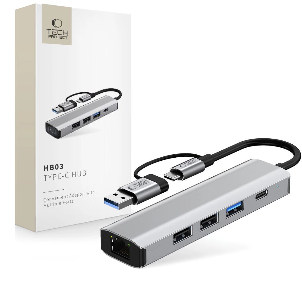Tech-Protect HB03 HUB Adapter 5in1 USB-C + USB2.0 + USB3.0 + RJ45 - grå