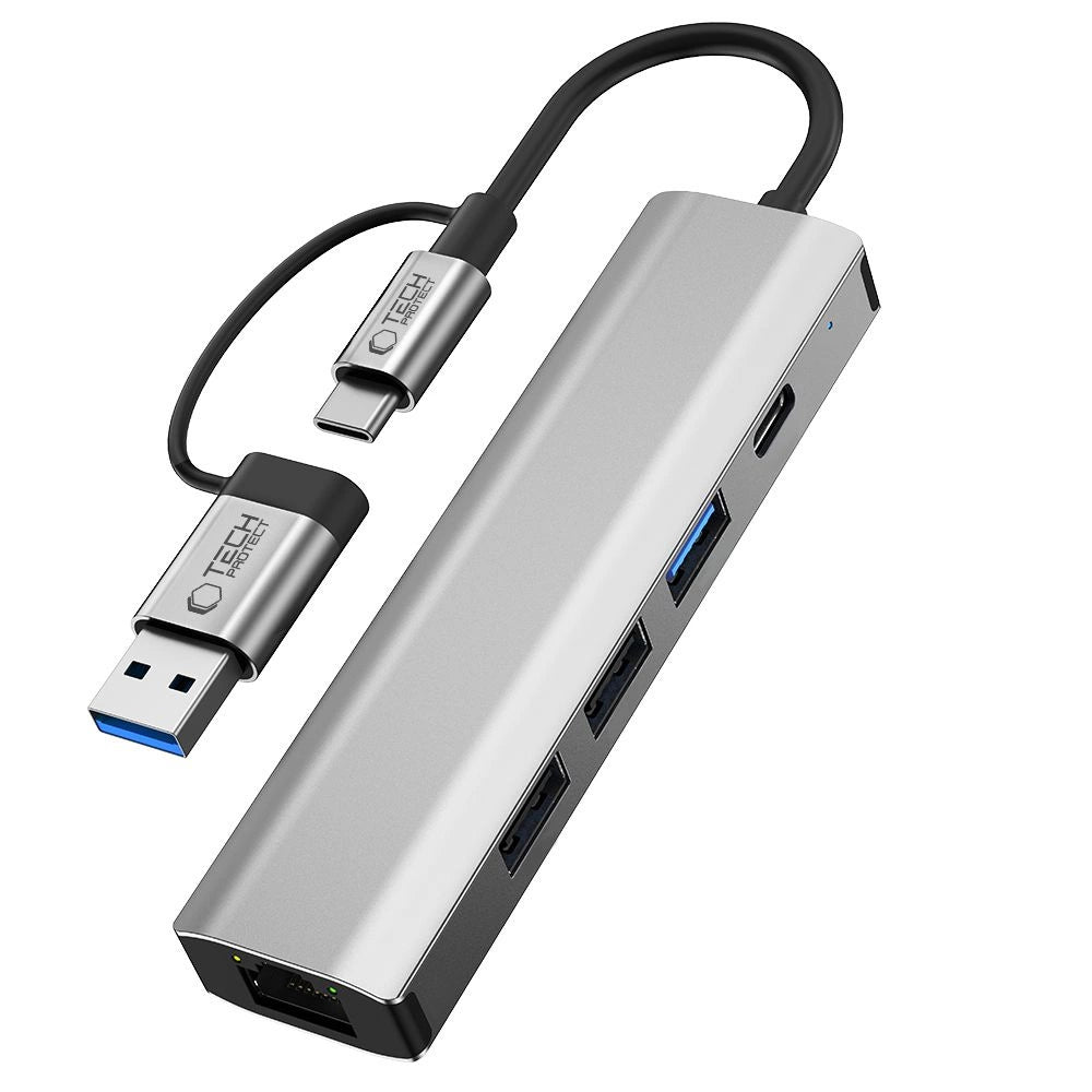 Tech-Protect HB03 HUB Adapter 5in1 USB-C + USB2.0 + USB3.0 + RJ45 - grå