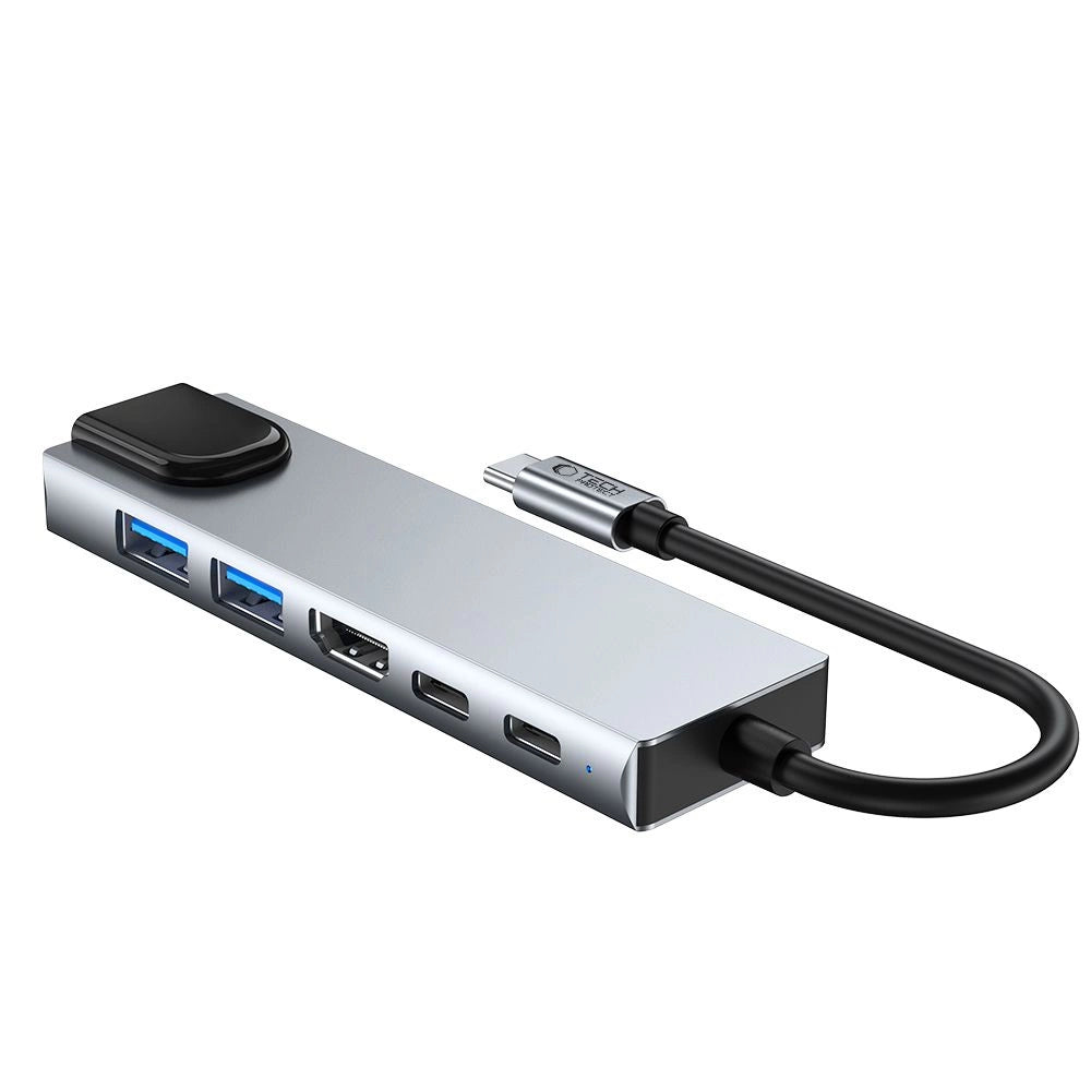 Tech-Protect HB02 HUB Adapter 6in1 USB-C + USB2.0 + USB3.0 + HDMI 4K 30Hz + RJ45 + PD100W - grå