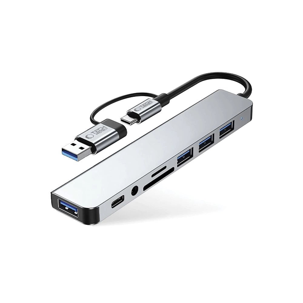 Tech-Protect HB06 HUB Adapter 8in1 TYPE-C + USB2.0 + USB3.0 + SD/TF + AV3.5 - grå