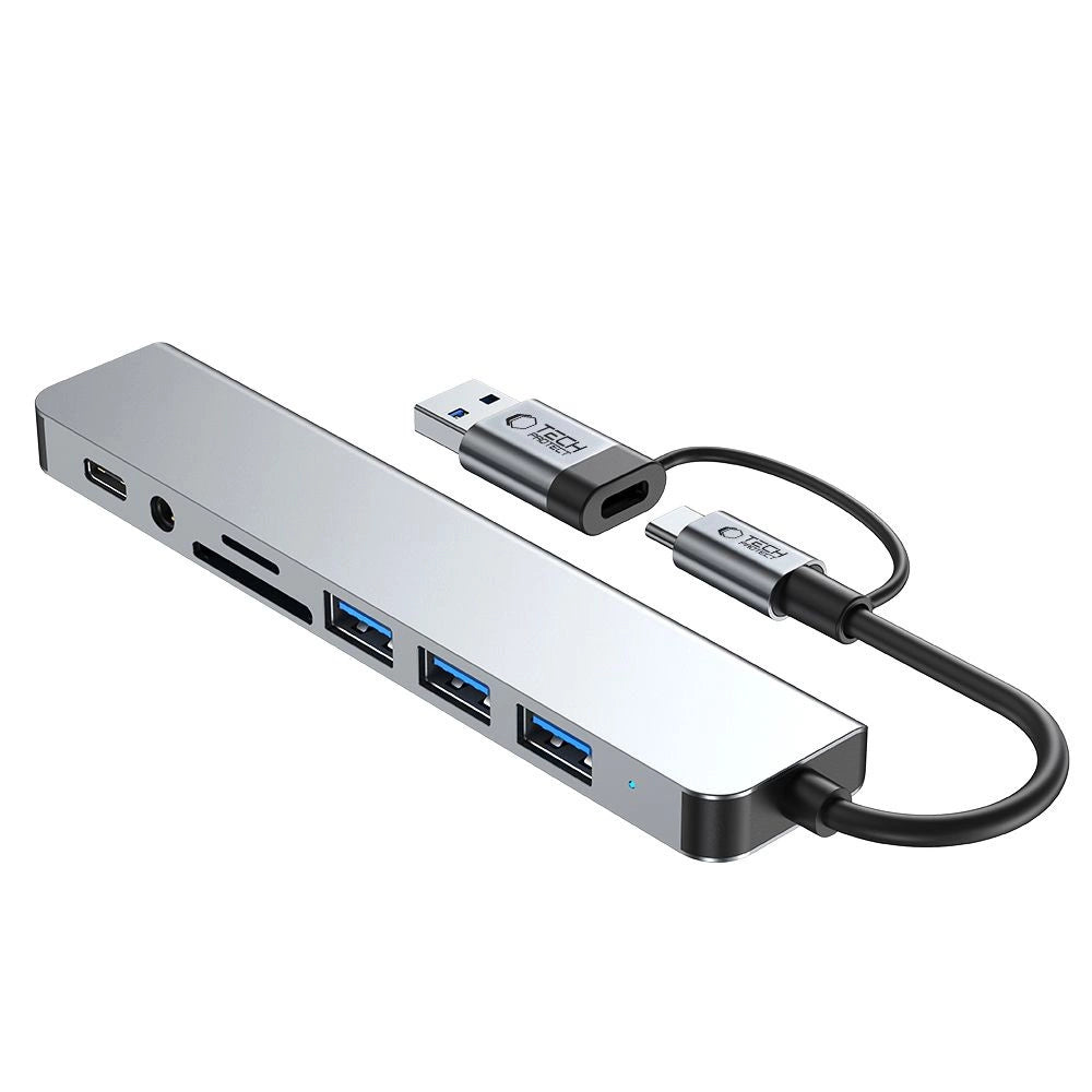 Tech-Protect HB06 HUB Adapter 8in1 TYPE-C + USB2.0 + USB3.0 + SD/TF + AV3.5 - grå
