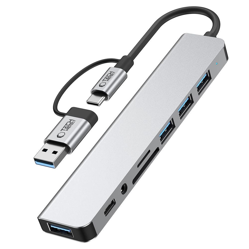 Tech-Protect HB06 HUB Adapter 8in1 TYPE-C + USB2.0 + USB3.0 + SD/TF + AV3.5 - grå