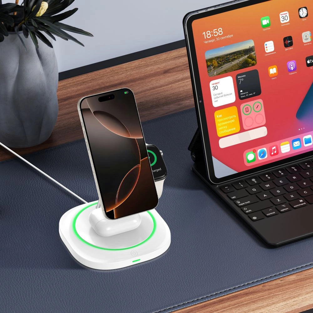 Tech-Protect QI15W-A46 3in1 Magnetisk MagSafe induktiv oplader - hvid