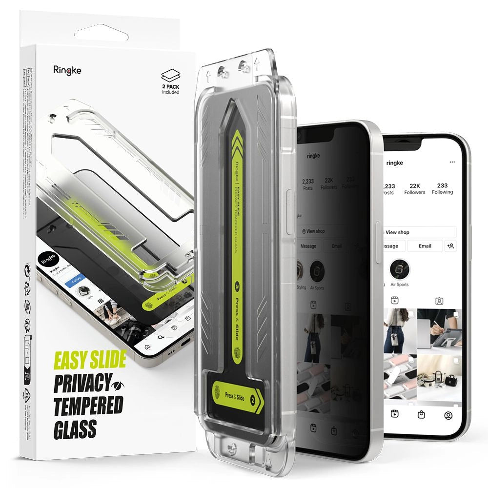 Ringke Easy Slide Privacy Glass 2-pakke til iPhone 13 / 13 Pro / 14 / 16e