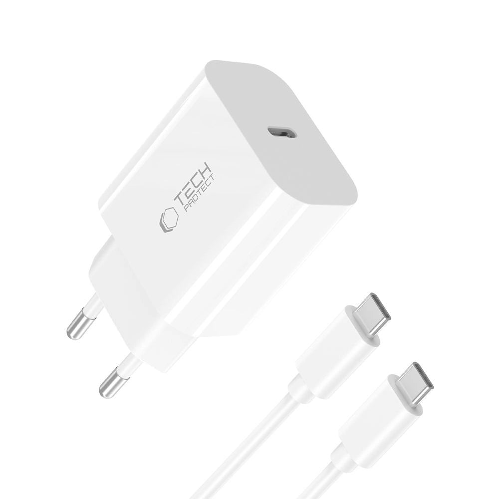 Tech-Protect NC20W PD20W USB-C vægoplader med USB-C kabel - hvid