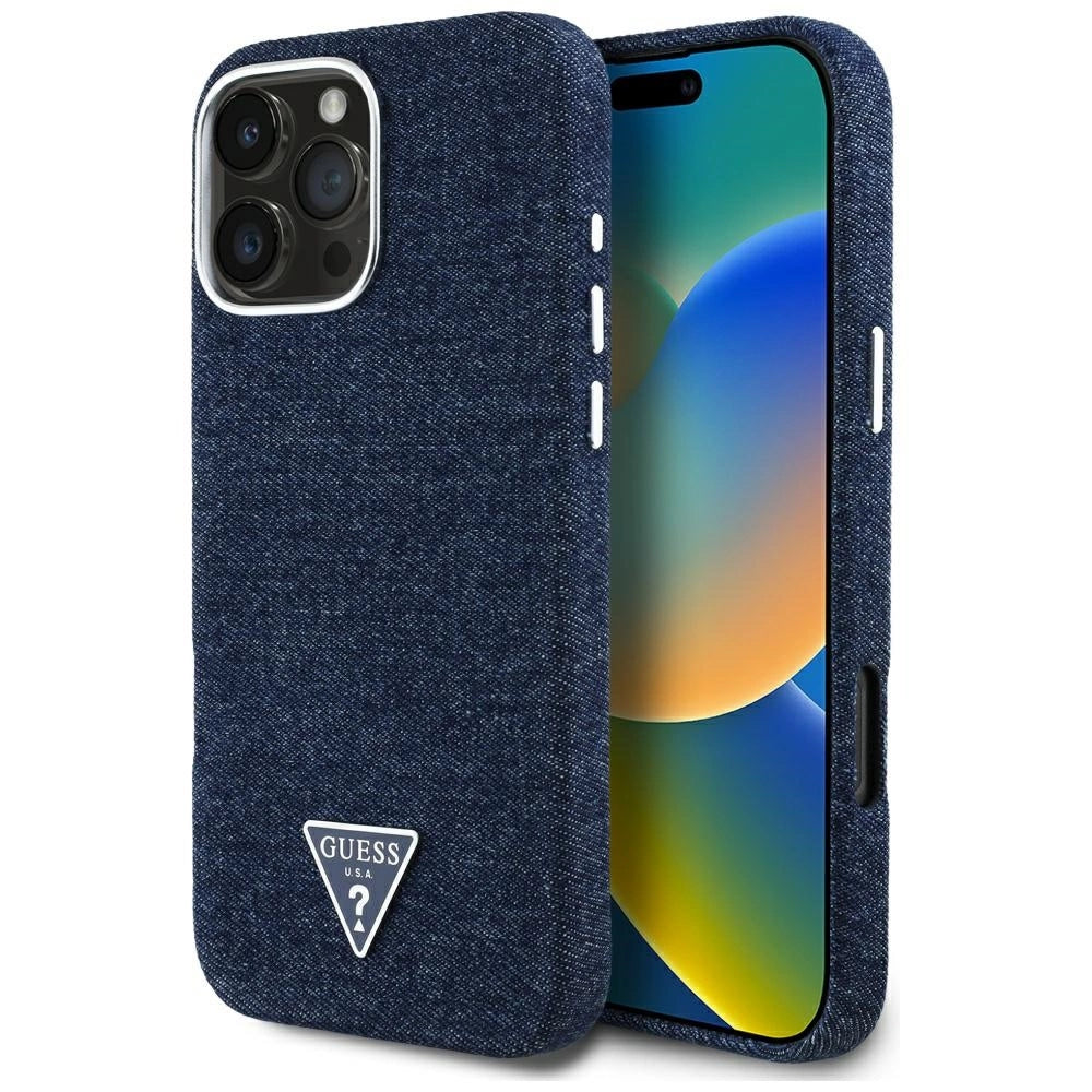 Guess Denim Triangle Logo MagSafe iPhone 16 Pro Max Case - Blue