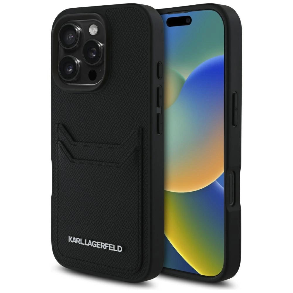 Karl Lagerfeld HC Grained PU Cardslot Metal Elong Case for iPhone 16 Pro Max - Black