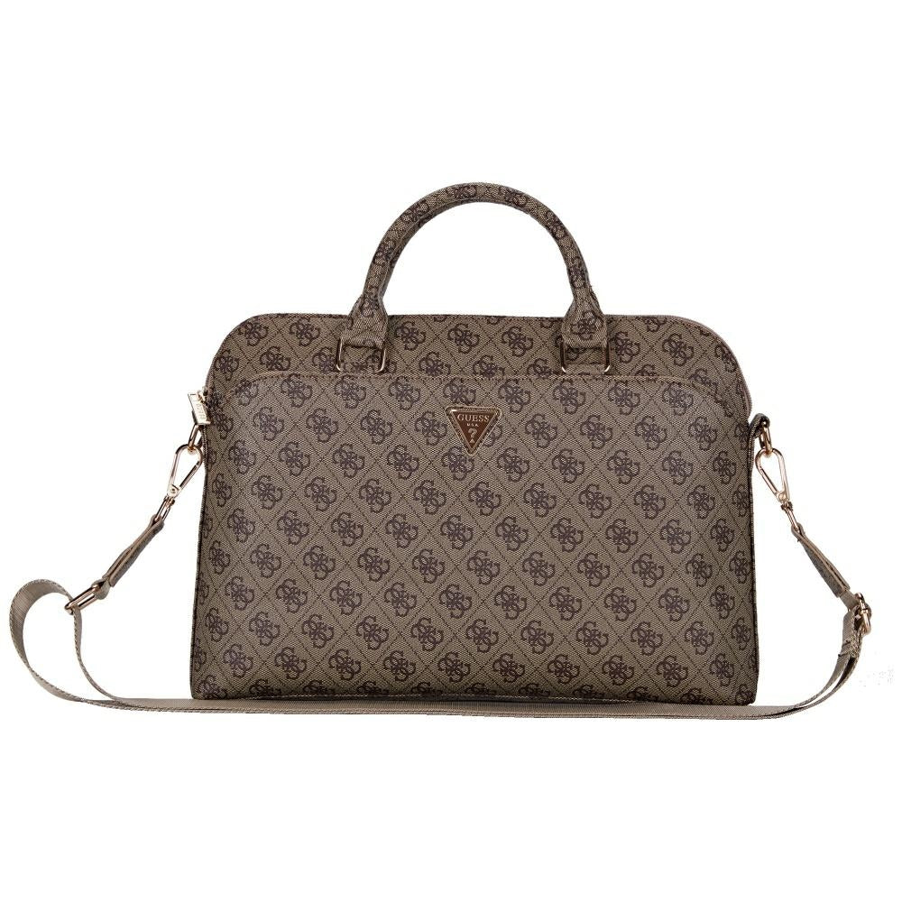 Guess 4G Zipper Pocket Triangle Logo 15" Laptop Bag - Brown