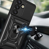 Hybrid Armor Camshield Case med Stand og Camera Cover til Samsung Galaxy M06 5G / F06 5G - sort