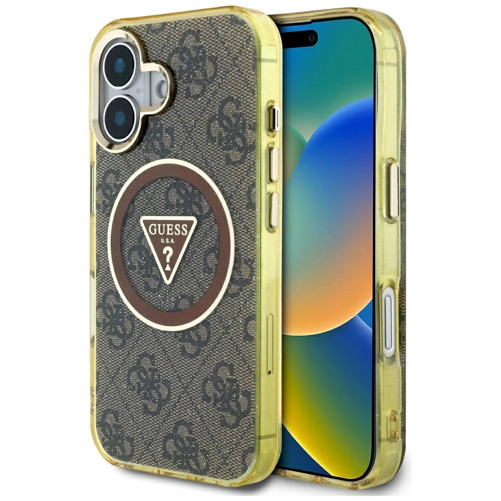 Guess IML Metal Glitter 4G Circle Triangle MagSafe Case til iPhone 16 - Brunt