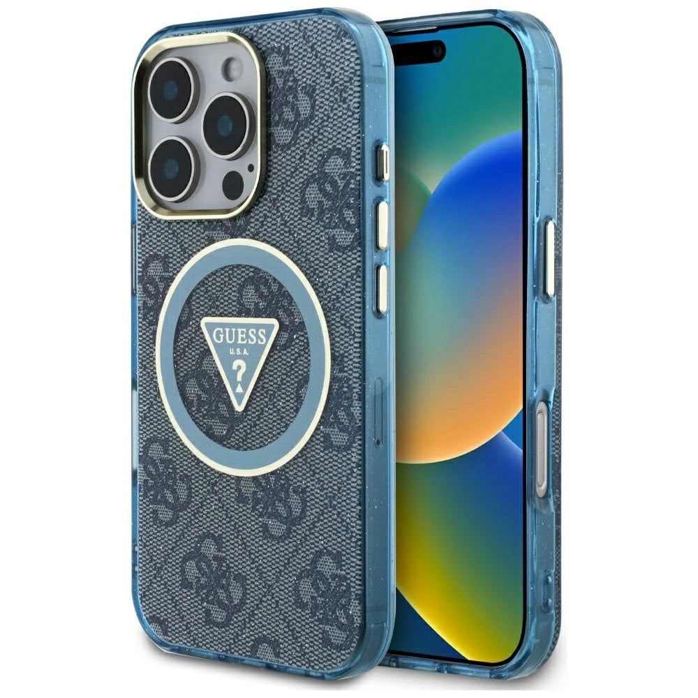 Guess IML Metal Glitter 4G Circle Triangle MagSafe Case til iPhone 16 Pro - Blå