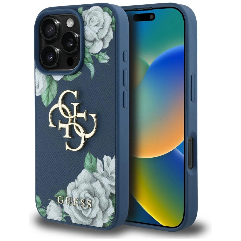Guess Grained Roses Big 4G logo case for iPhone 16 Pro Max - blue