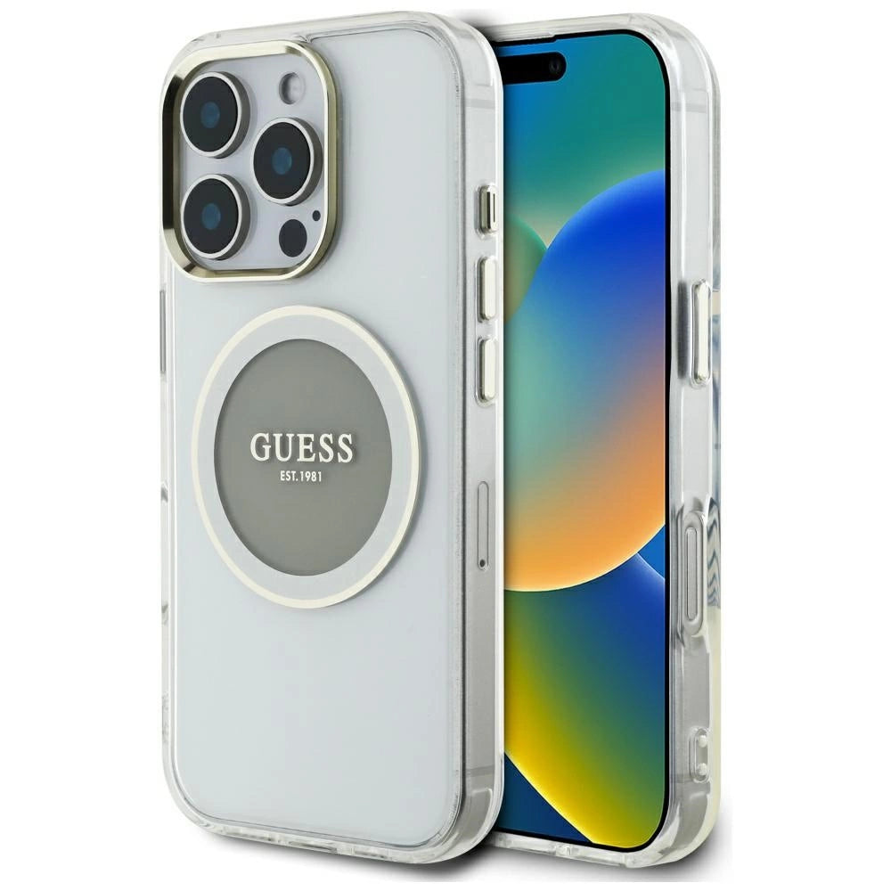 Guess IML Metal Colored Circle Classic Logo MagSafe-hylster til iPhone 16 Pro - grå