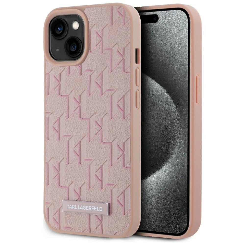 Karl Lagerfeld Leather Monogram Metal Logo MagSafe iPhone 15 Case - Pink