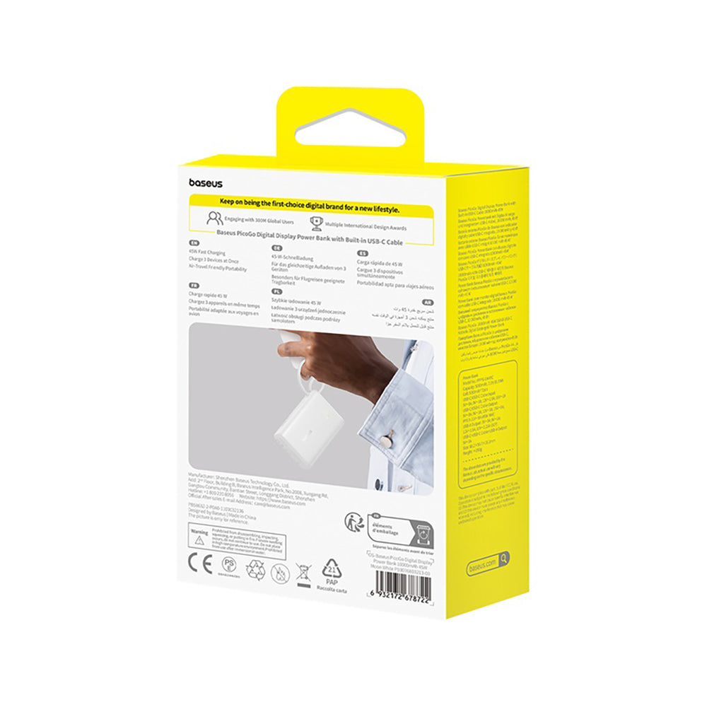 Baseus PicoGo 10000mAh 45W Powerbank with Built-in Cable and Display - White