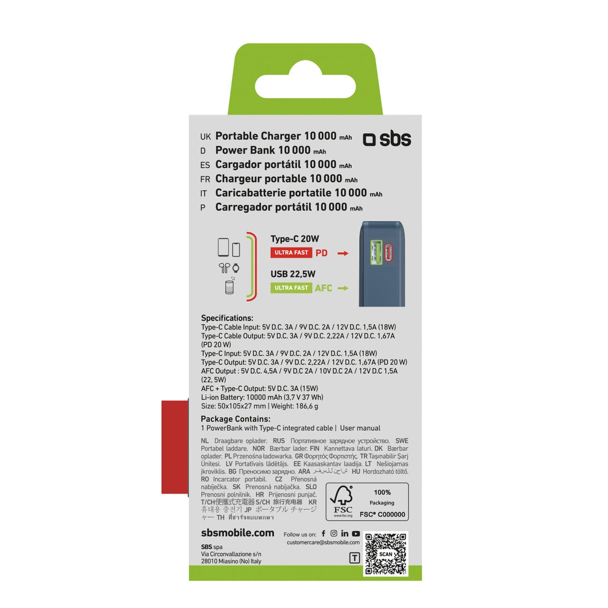 Powerbank SBS 10000 mAh 20W med indbygget USB-C-kabel og digital skærm - mørkegrå