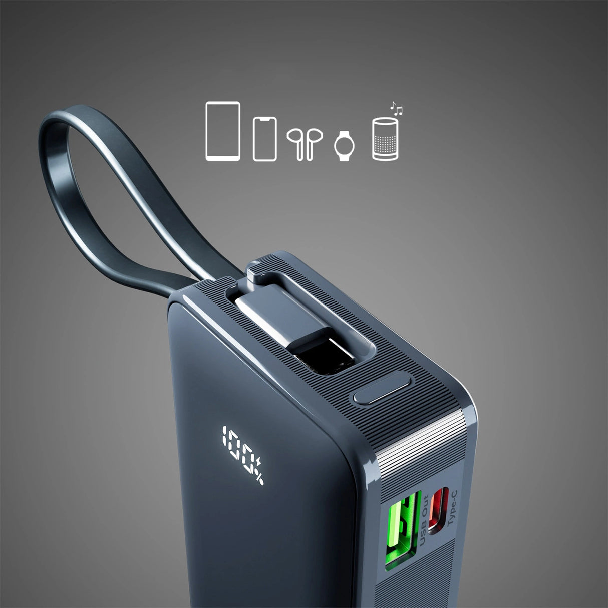 Powerbank SBS 10000 mAh 20W med indbygget USB-C-kabel og digital skærm - mørkegrå