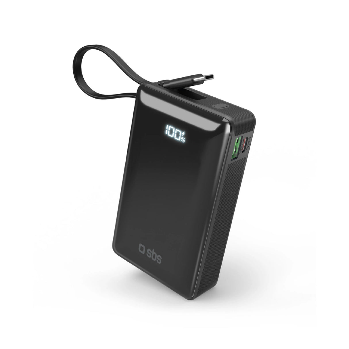 Powerbank SBS 20000 mAh 20W med indbygget USB-C-kabel og digital skærm - sort