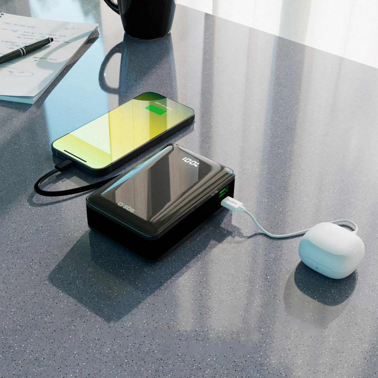 Powerbank SBS 20000 mAh 20W med indbygget USB-C-kabel og digital skærm - sort