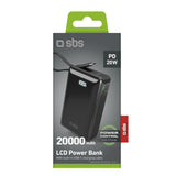 Powerbank SBS 20000 mAh 20W med indbygget USB-C-kabel og digital skærm - sort